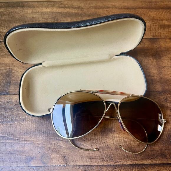 Vintage 70s Aviator Sunglasses Cable Temple Wrap Ear Gold Metal Frame Brown Lens main image 14